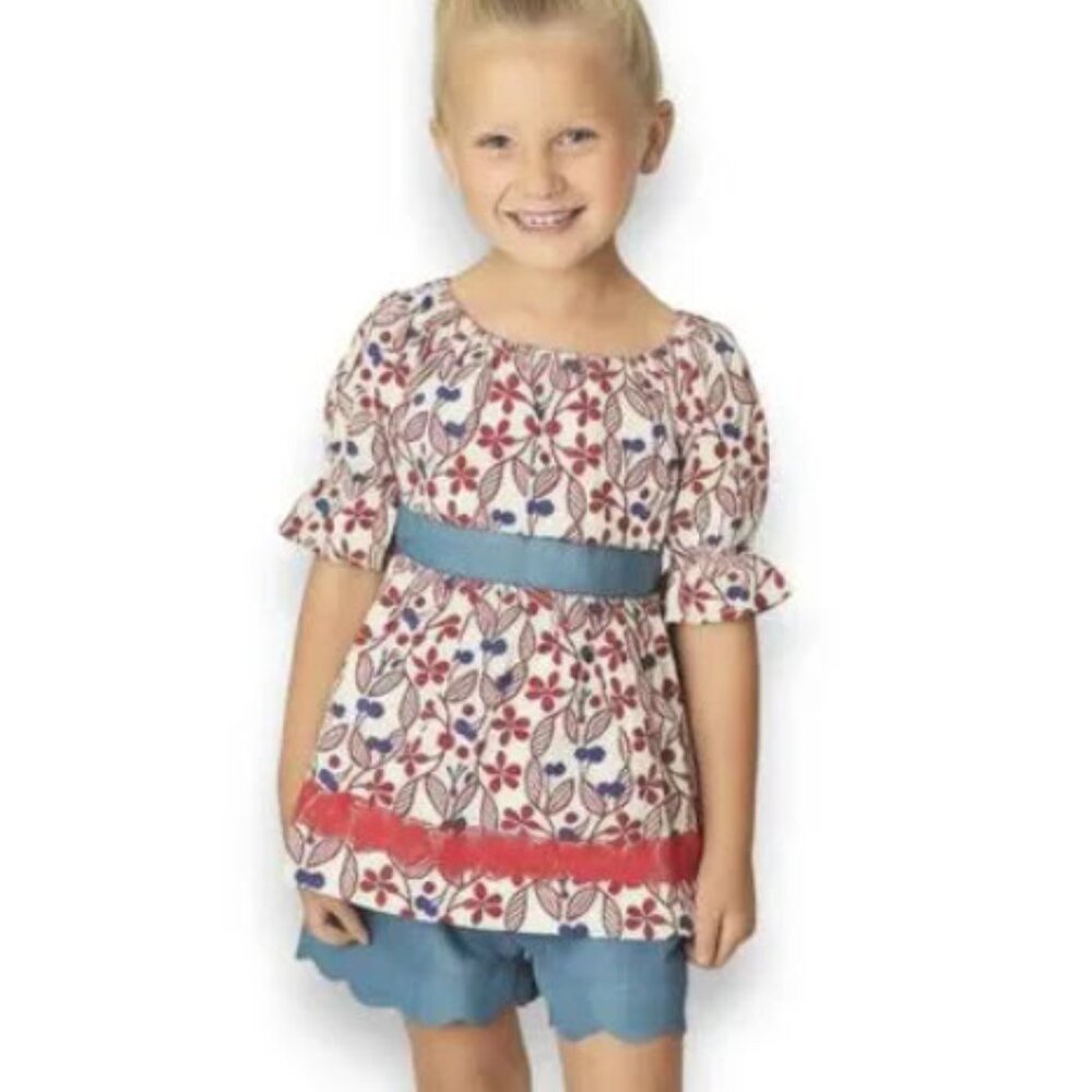 Matilda Jane Crimson Cutie Hello Lovely Peasant Top Red White Blue Lace Trim 6